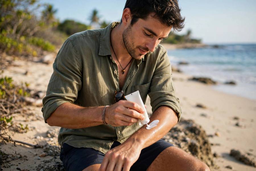 Traveler applying reef-safe sunscreen at beach
