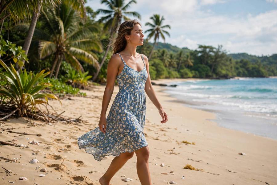 Woman in sundress walking on tropical beach