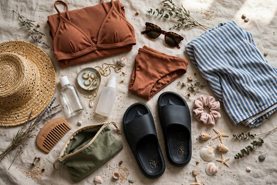 Beach trip packing flat lay with swimwear