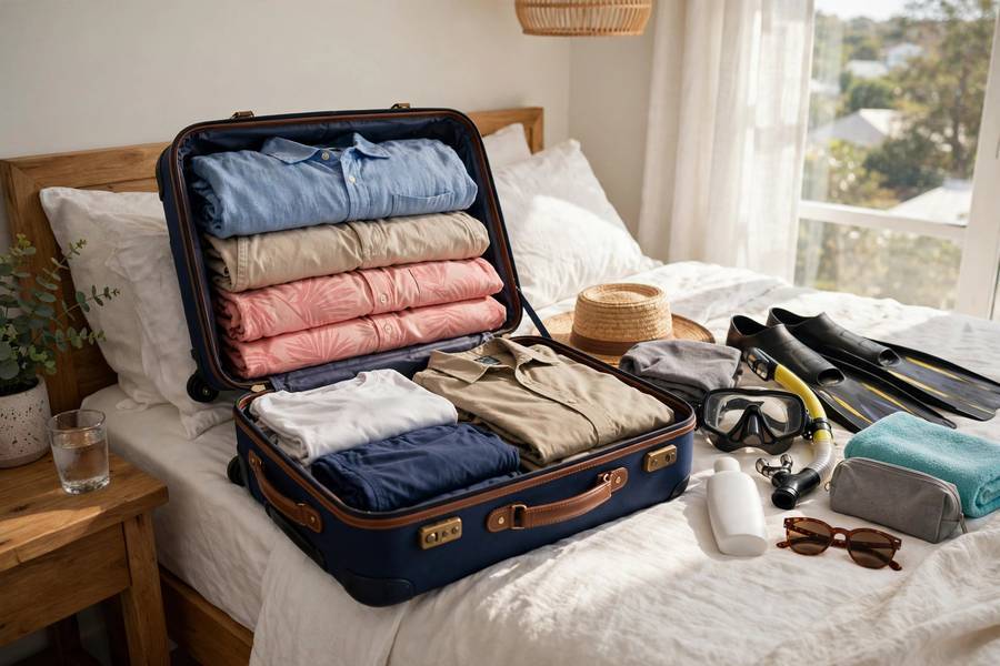 Packing a suitcase for a cruise with resort wear, sunscreen, and snorkel gear — a complete cruise packing checklist