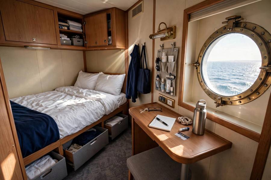 A typical cruise cabin — small staterooms reward smart packing with organizers and minimal extras