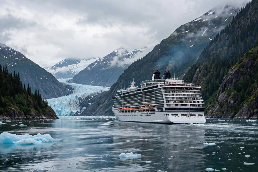 Cruise ship sailing through Alaska Inside Passage with glaciers