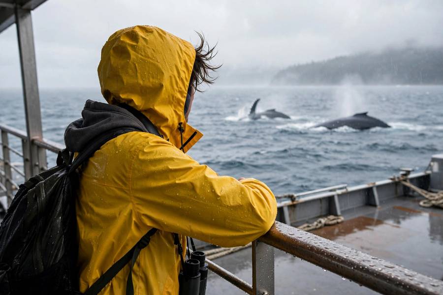 Traveler in rain jacket watching whales from cruise deck