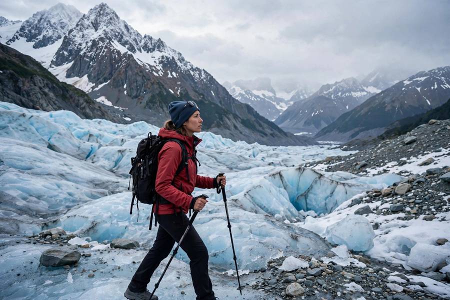 Hiker on glacier excursion in Alaska with mountains backdrop
