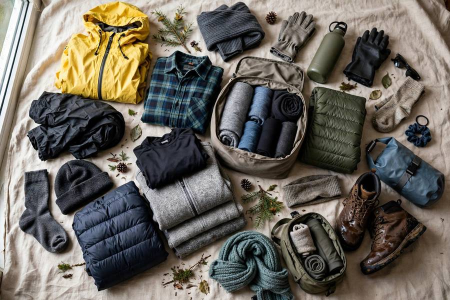 Alaska cruise packing flat lay with layers and rain gear