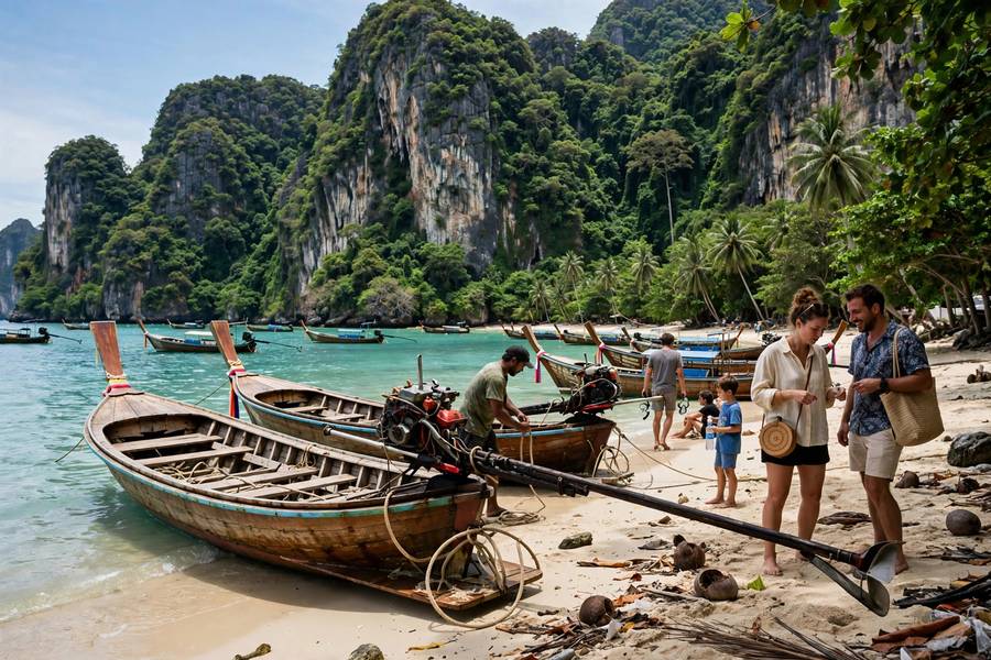 Longtail boats on Railay beach Thailand December