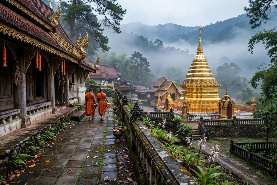 Chiang Mai mountain temple with morning mist December