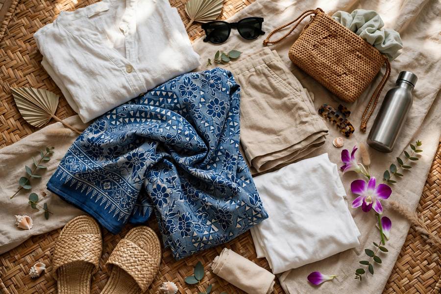 Thailand packing flat lay with sarong and light clothes
