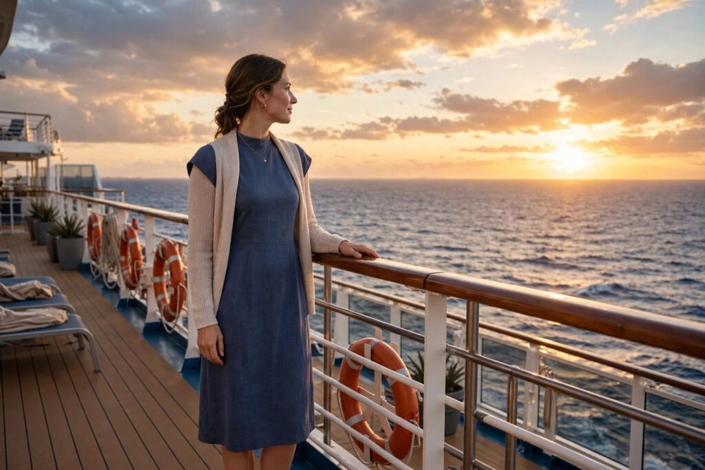Woman in a modest knee-length sundress and cardigan on a cruise ship deck at sunset, fully covered elegant outfit