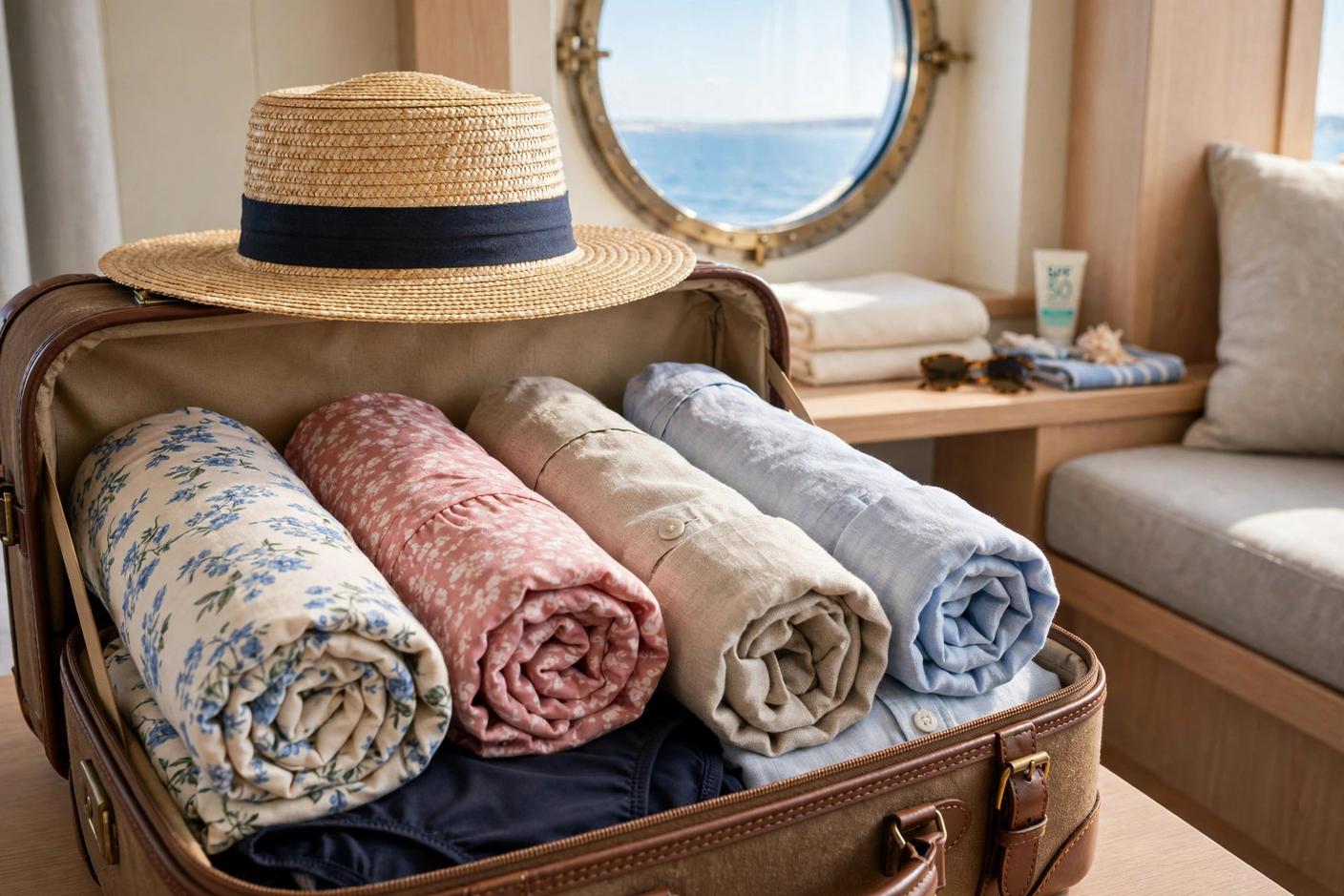 Open suitcase with neatly rolled cruise outfits: sundresses, linen shirts and swimwear with a sun hat on top