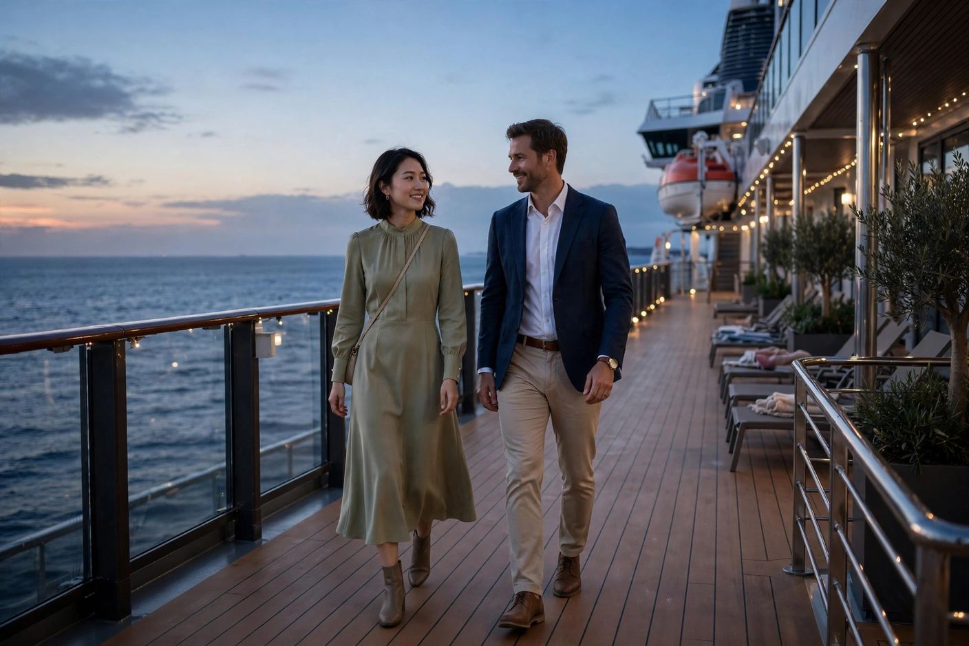 Couple in smart casual evening attire walking on a cruise ship deck at dusk, modest elegant outfits