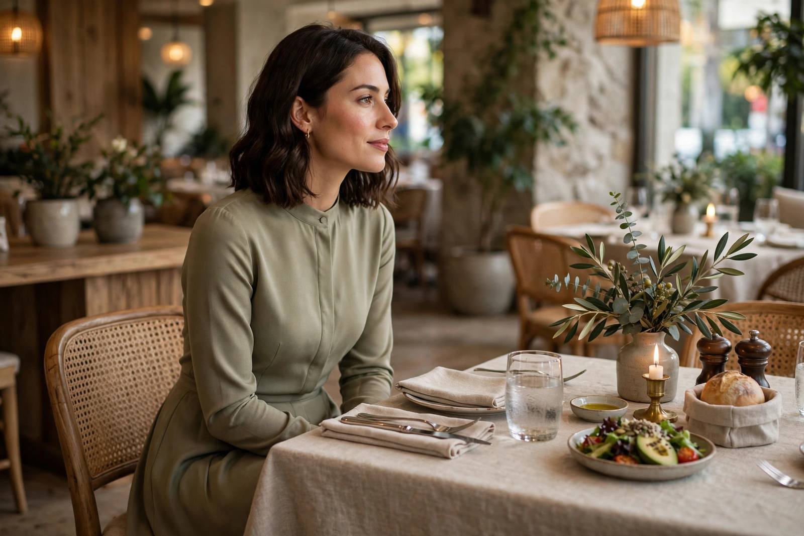 Elegant table setting showing a woman in a long-sleeve midi dress seated at a restaurant