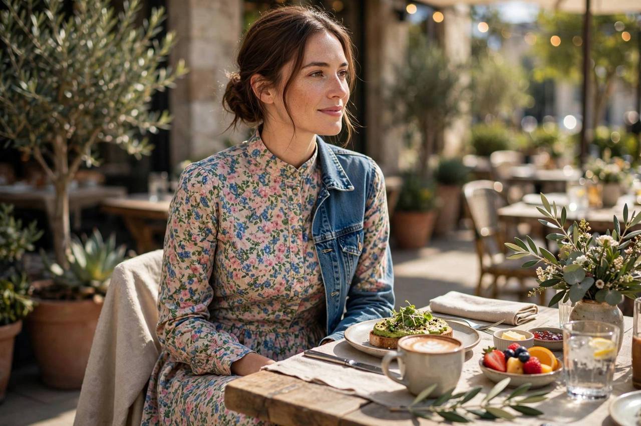 Woman wearing a modest floral midi dress and denim jacket at a sunny brunch table