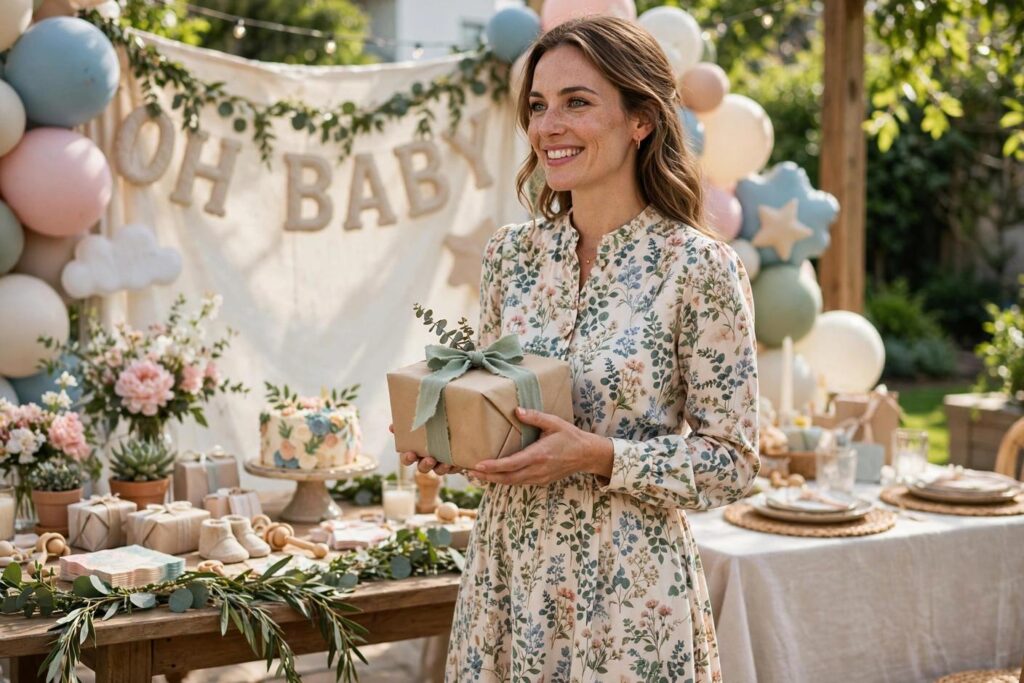 Woman in a modest floral midi dress holding a gift at a bright baby shower party, fully covered cheerful outfit