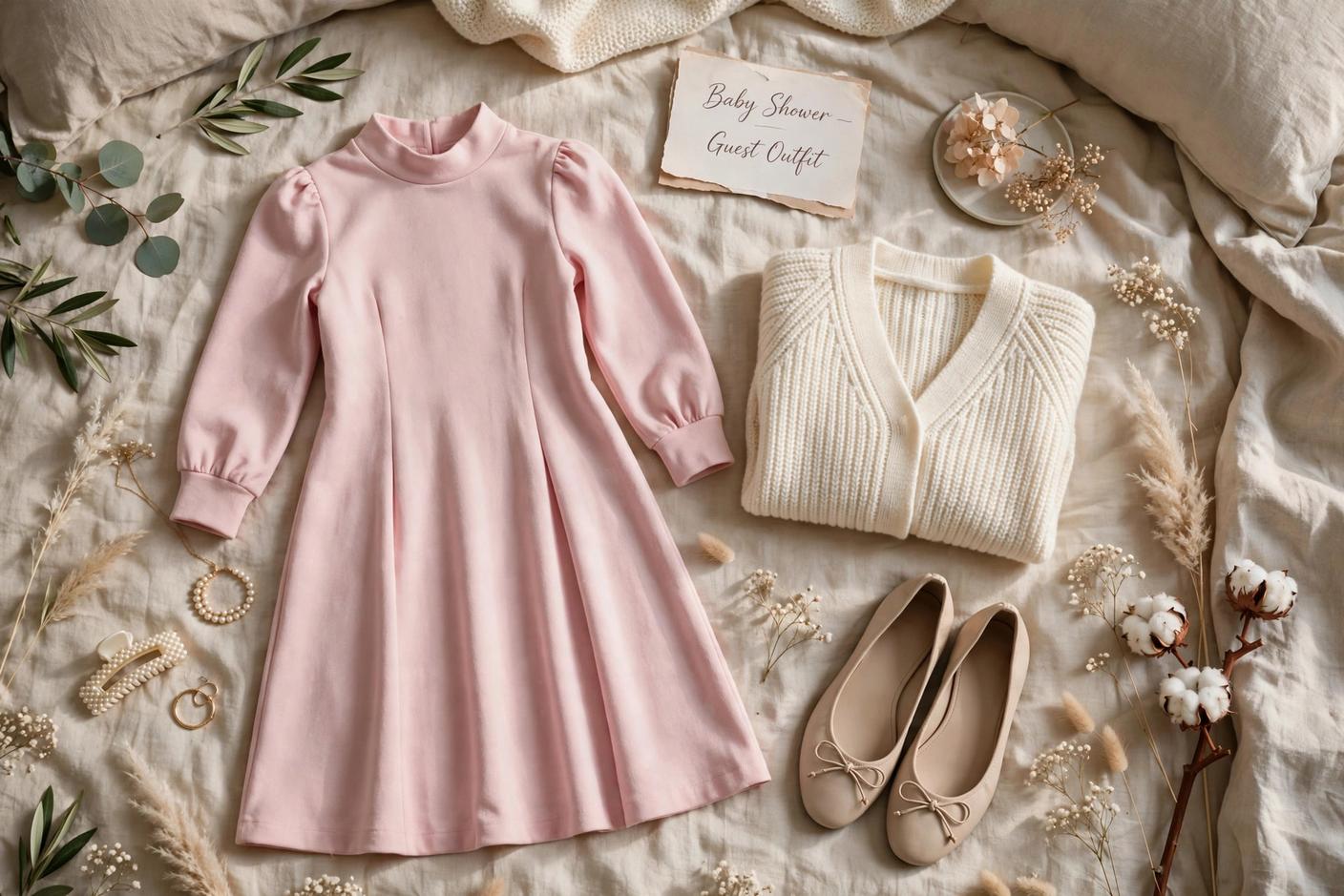 Flat lay of baby shower guest outfits: pastel midi dress, cardigan and ballet flats arranged on a bed