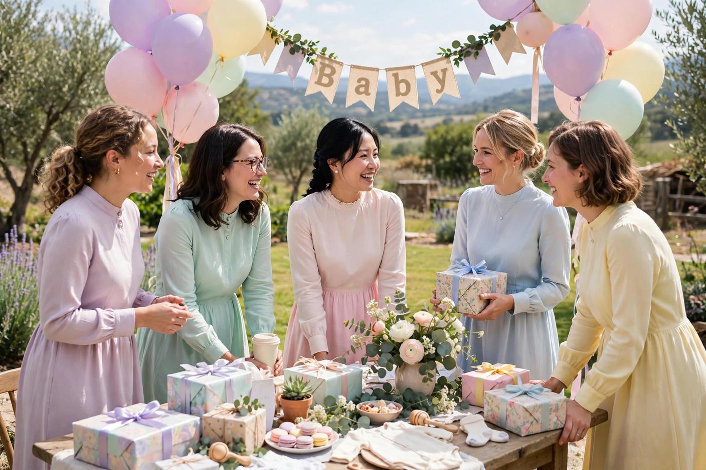 Group of women in modest pastel dresses chatting at a decorated baby shower table with gifts