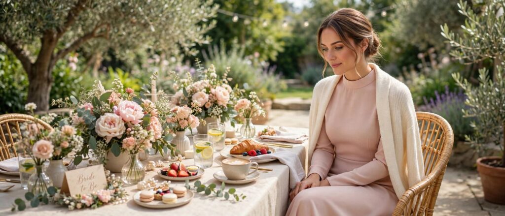 Woman in a modest blush midi dress with a cardigan at a bridal shower brunch table, fully covered elegant outfit