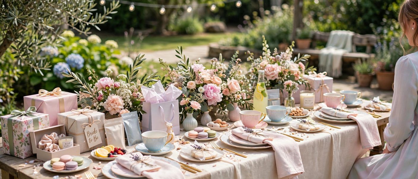 Bridal shower table setting with gifts and flowers, guest in a pastel dress visible at the edge, bright cheerful scene