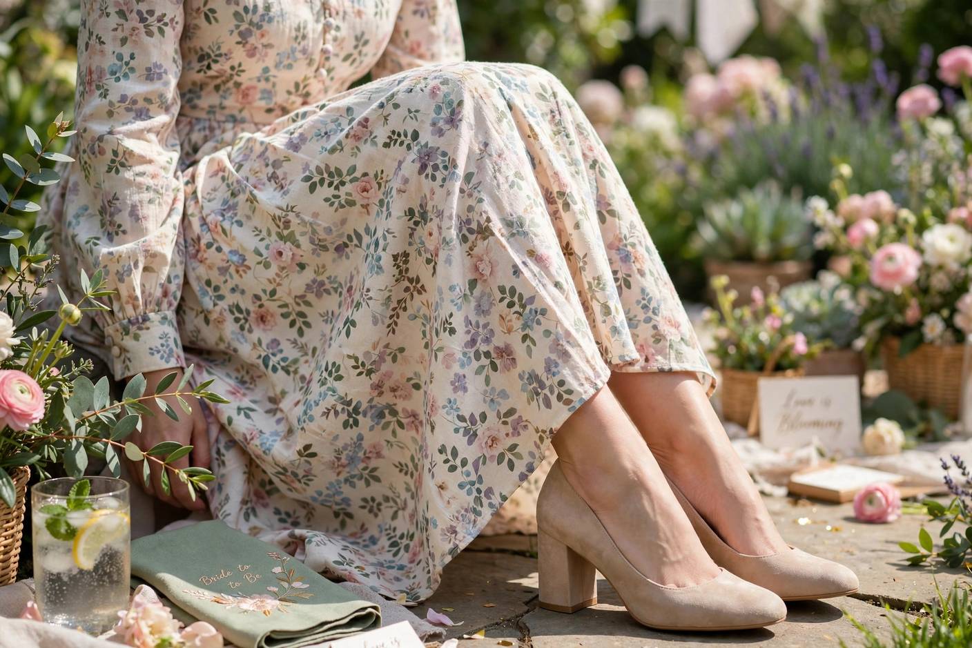 Close-up of a guest's modest floral midi dress and block heels at a bridal shower, bright daylight