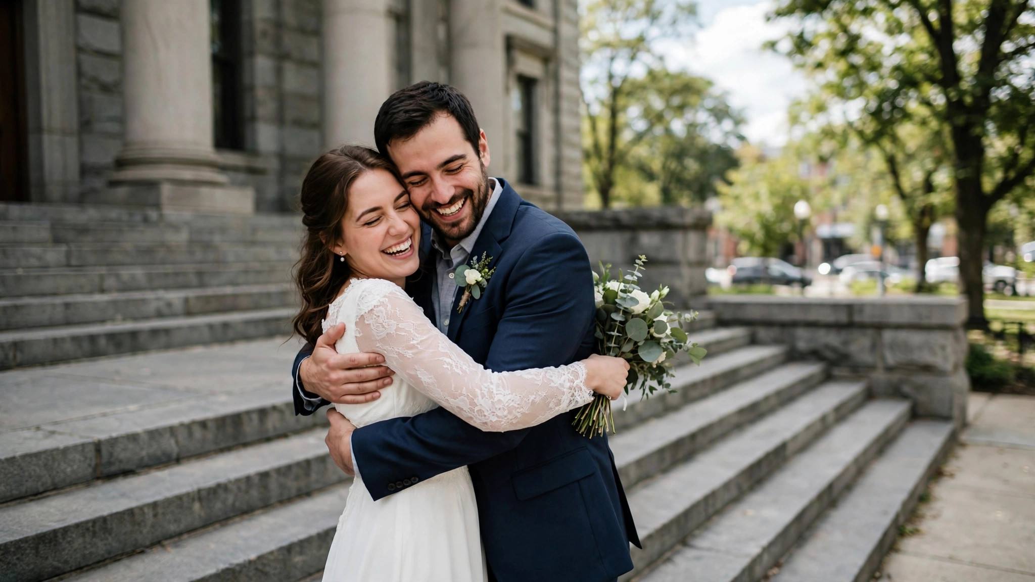 Newlywed couple in modest elegant wedding attire embracing on courthouse steps after the ceremony
