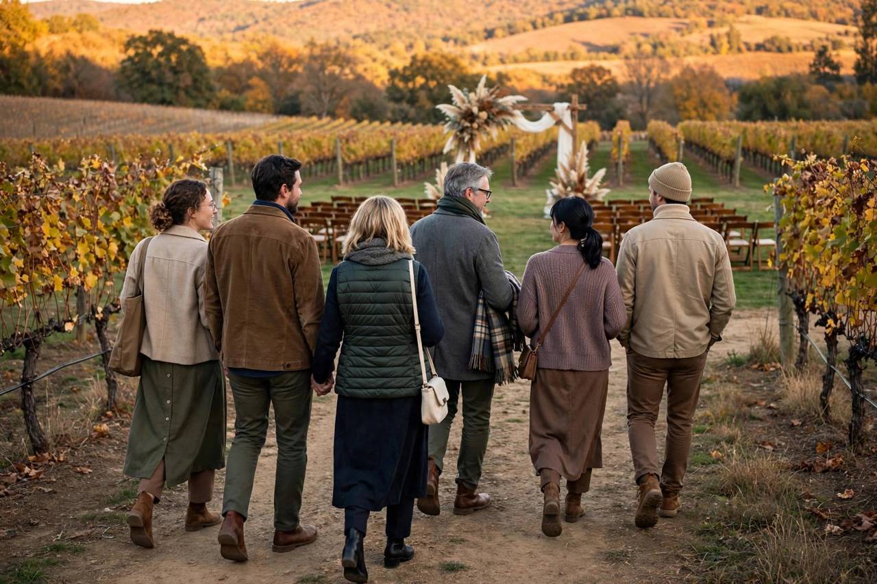 Wedding guests in fall attire walking toward an outdoor vineyard ceremony at golden hour
