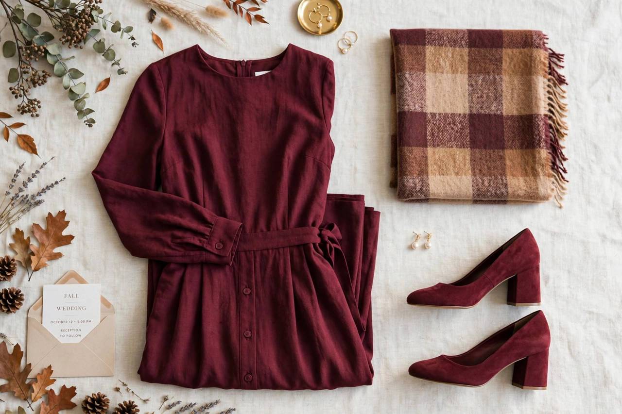 A guest's outfit flat lay with a burgundy midi dress, wrap shawl, and block heels