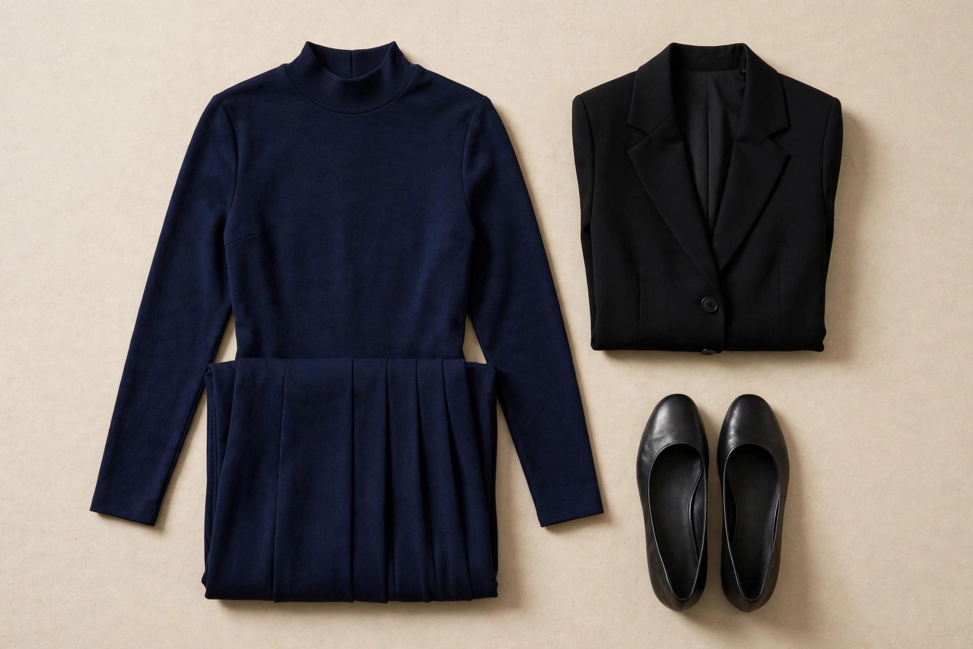 Flat lay of modest funeral attire for women: navy midi dress, black blazer, and closed-toe flats on a neutral background