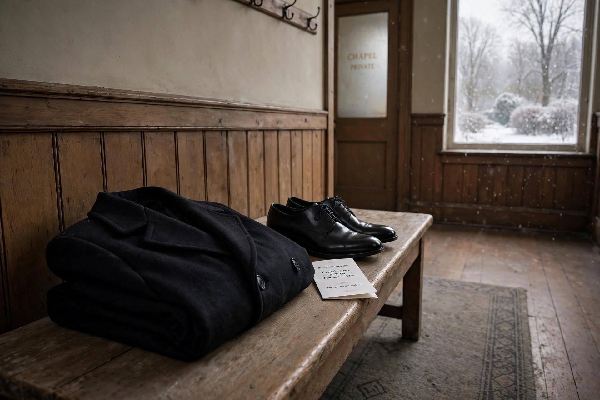 Dark formal overcoat and polished black shoes prepared for a winter funeral service, photographed on a wooden bench