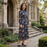 A woman in a modest floral midi dress and low heels standing outside a university building — a polished graduation guest outfit