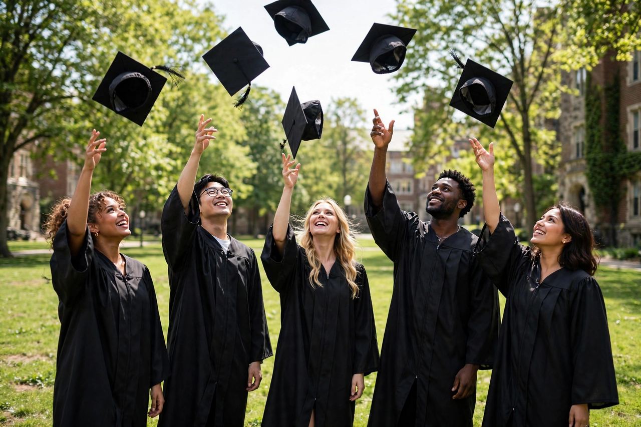 Graduates in caps and gowns throwing caps in the air on a sunny campus lawn