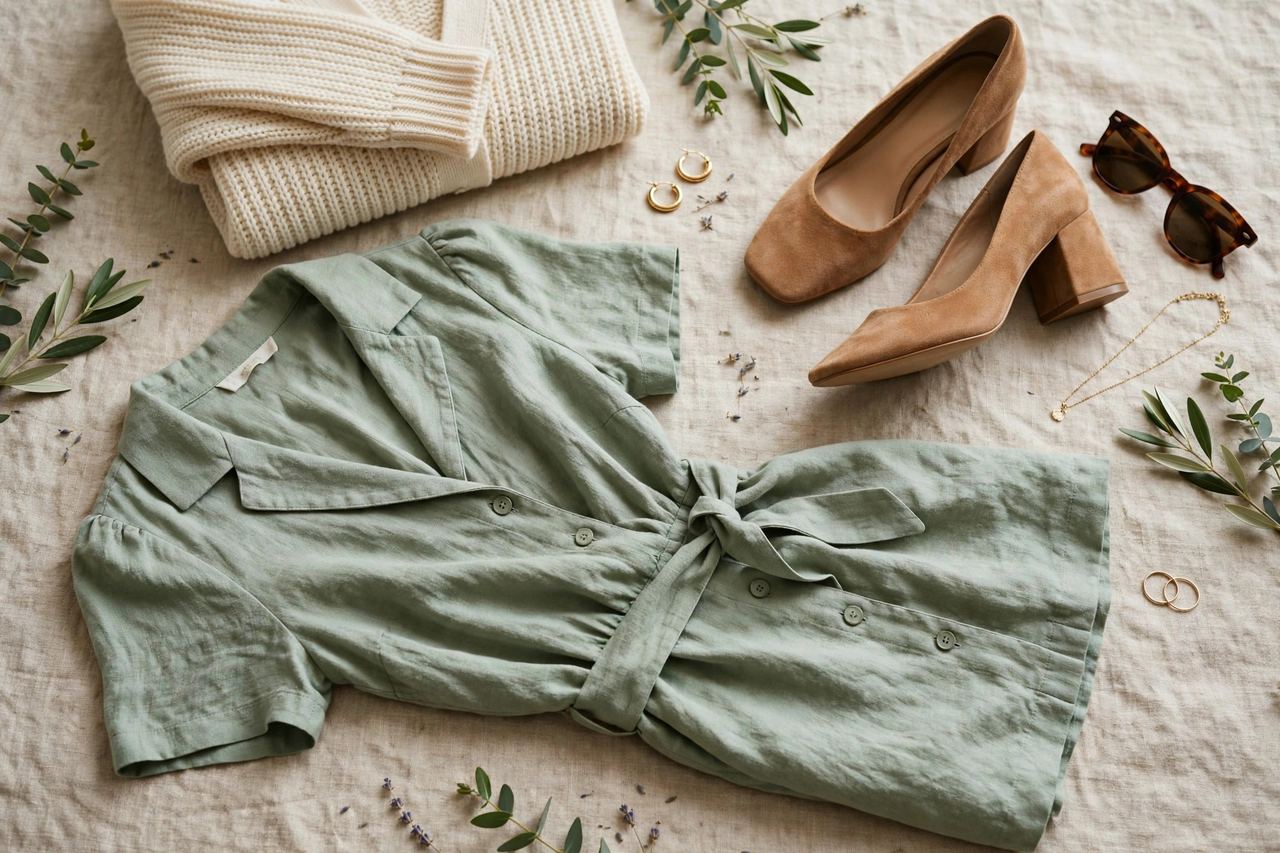 A flat lay of a graduation guest outfit: a linen dress, cardigan, comfortable block heels, and sunglasses