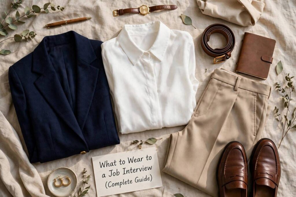 A professional job interview outfit laid out: blazer, blouse, tailored trousers, and classic shoes