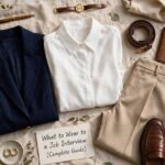 What to Wear to a Job Interview (Complete Guide) A professional job interview outfit laid out: blazer, blouse, tailored trousers, and classic shoes