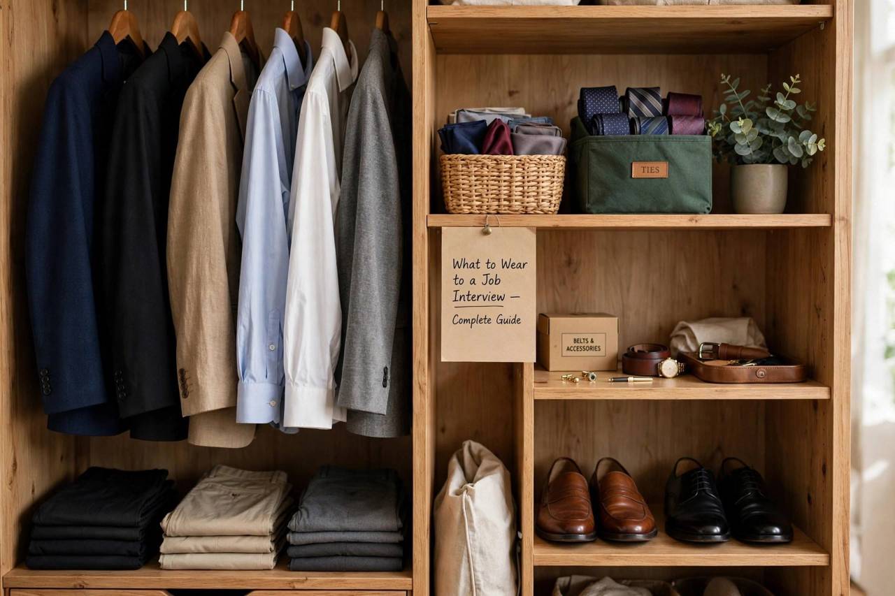 A neatly organized closet with interview-ready blazers and shirts on hangers
