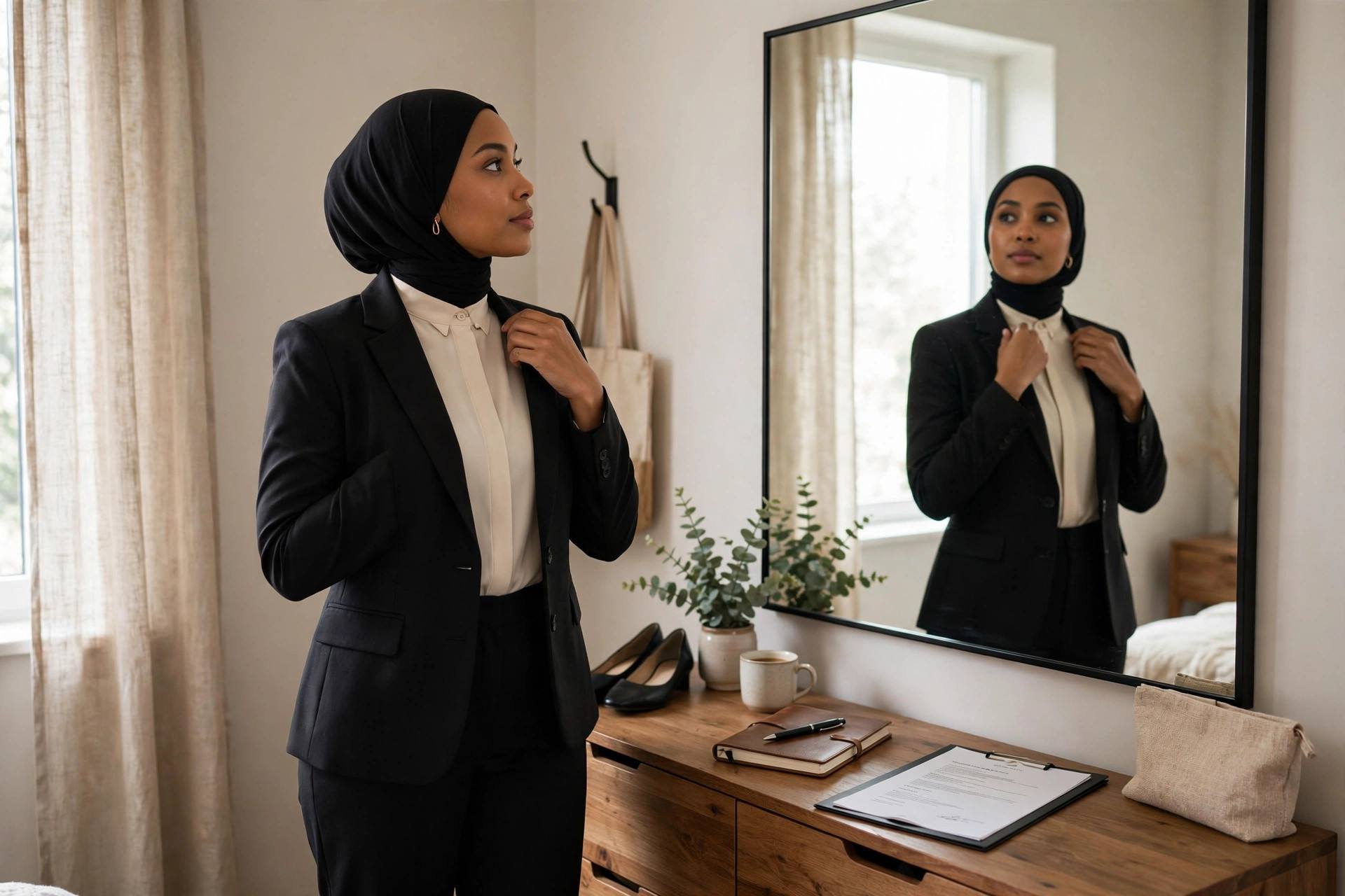 A person adjusting a blazer collar in front of a mirror before a job interview