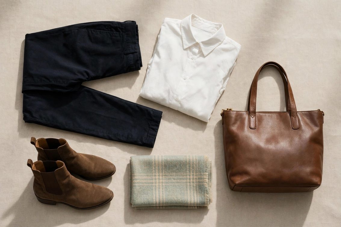 Flat lay of a modest museum outfit: dark trousers, button-up blouse, ankle boots, scarf and leather tote bag