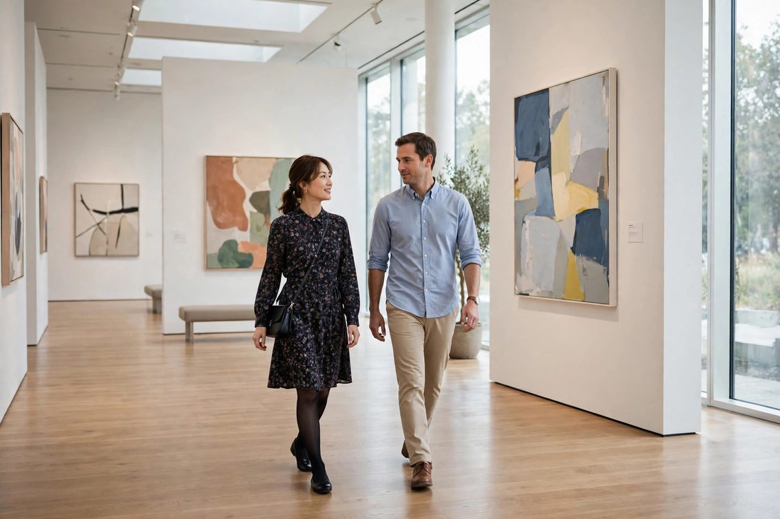 Couple in modest smart-casual clothing walking through a modern art museum gallery