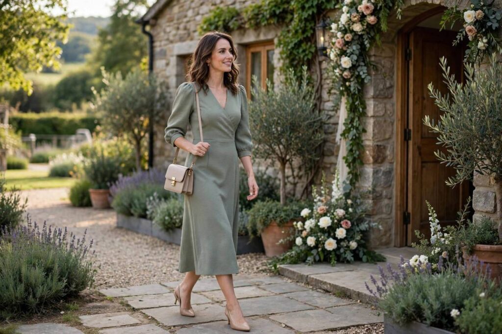Elegant female wedding guest in a midi cocktail dress arriving at a wedding venue
