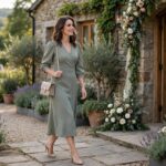 What to Wear to a Wedding as a Guest: An Elegant Guide for Every Dress Code Elegant female wedding guest in a midi cocktail dress arriving at a wedding venue