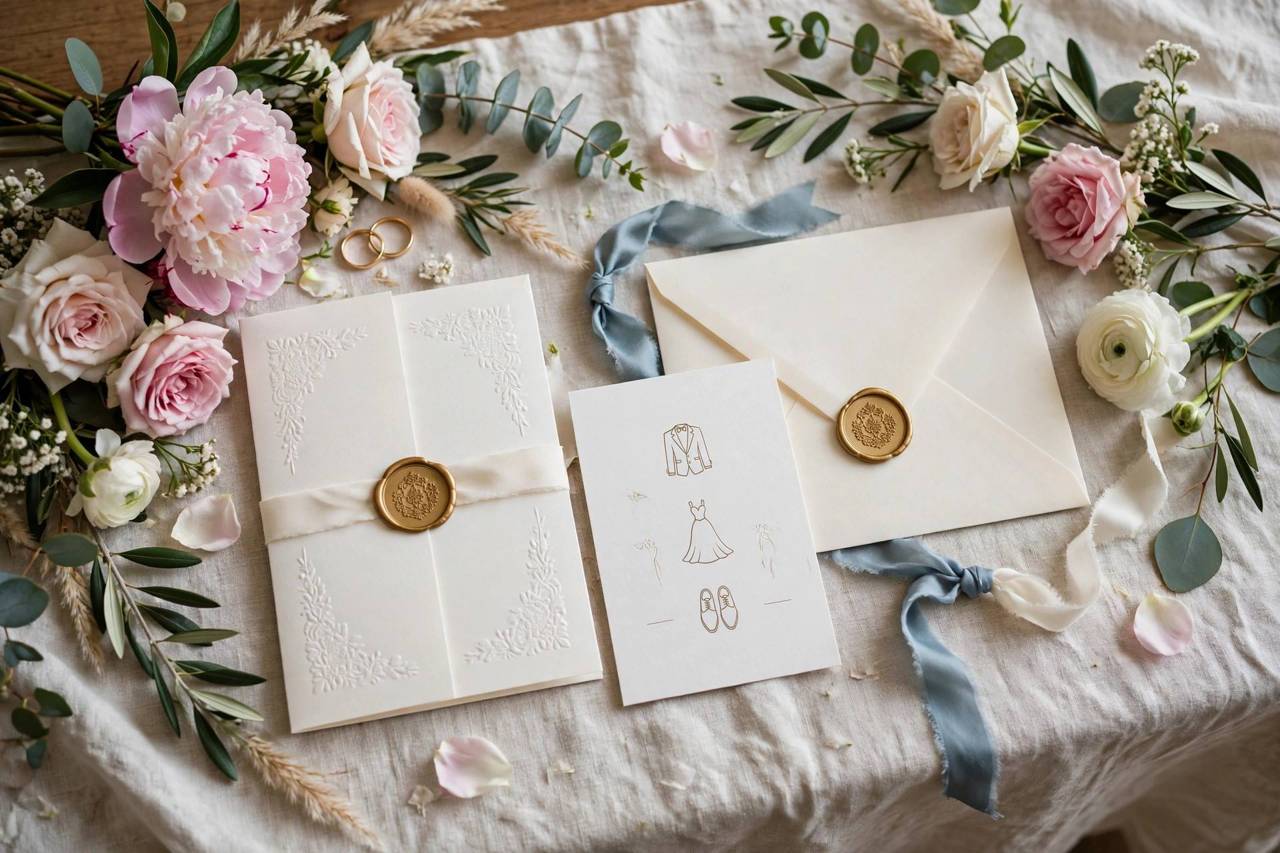 Elegant wedding invitation suite with dress code details on a table with flowers