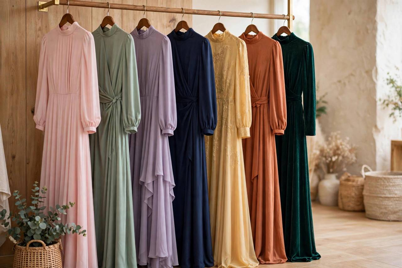 Row of elegant wedding guest dresses in various colors hanging on a boutique rack