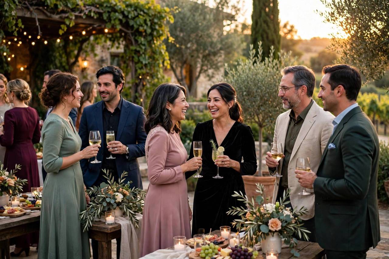 Wedding guests in elegant cocktail attire mingling at an outdoor reception during golden hour