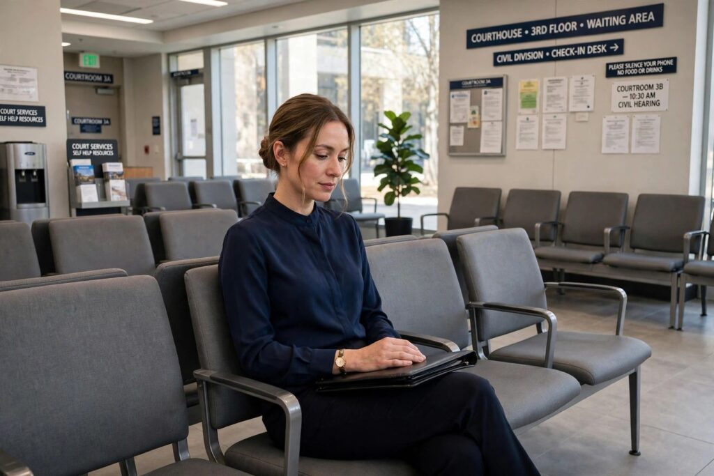 Woman in a modest navy blouse and dark trousers seated in a courthouse waiting area, fully covered professional attire