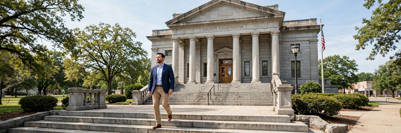 Man in khakis and a button-down shirt with a blazer walking toward a courthouse entrance, modest neat outfit