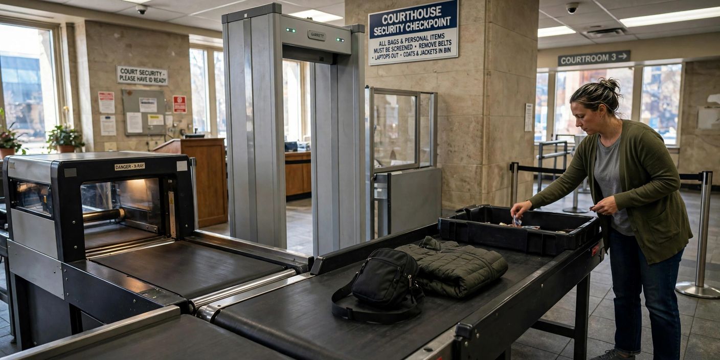 Courthouse security checkpoint with a tray for personal items, traveler placing a small bag and jacket in the bin