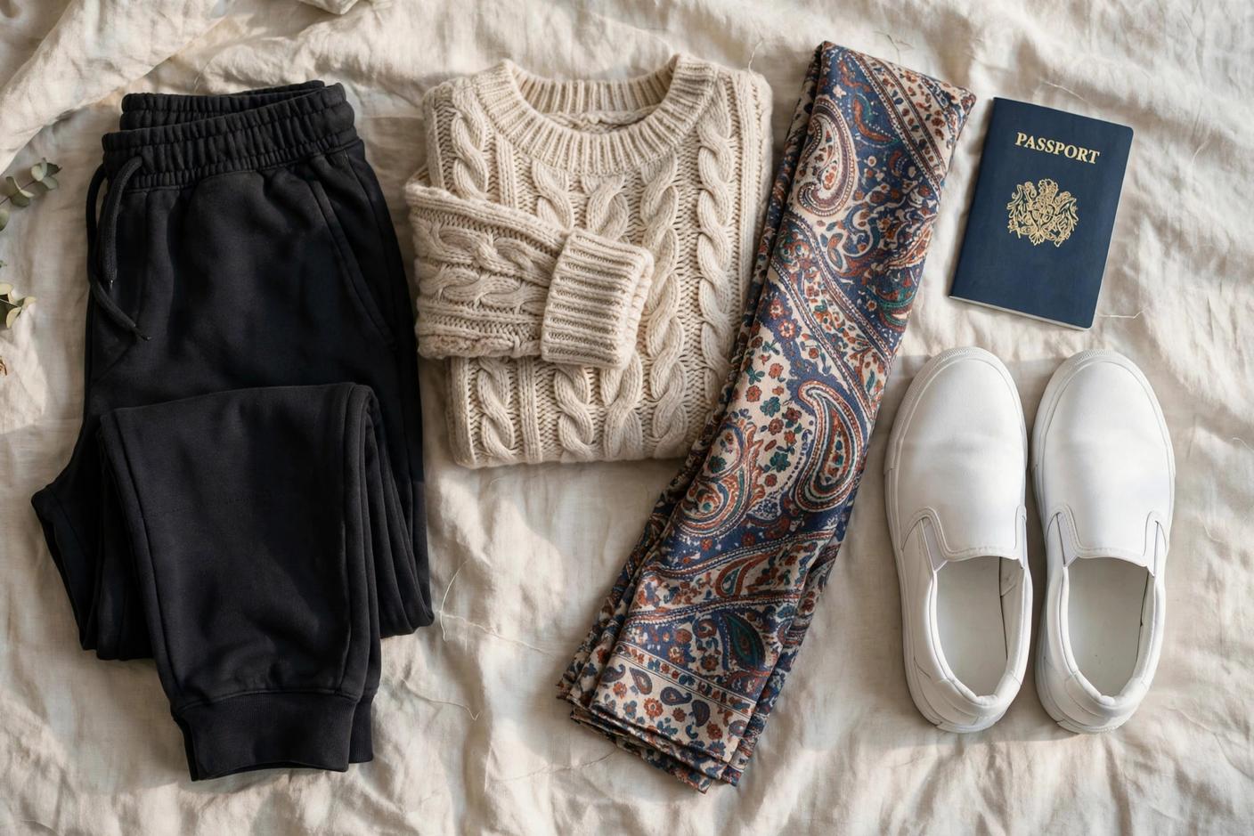 Flat lay of an airport outfit: joggers, sweater, scarf, slip-on sneakers and a passport on a bed