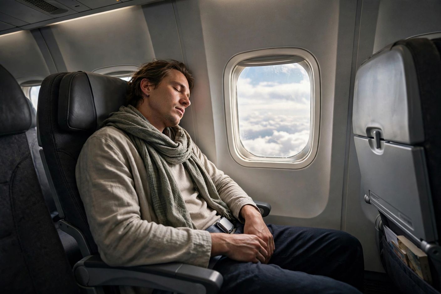 Traveler in a comfortable layered outfit with a scarf dozing in an airplane seat, modest casual clothing