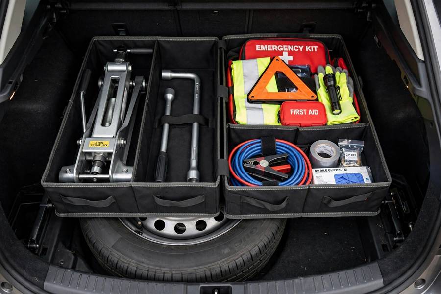 Complete tire change toolkit organized in a trunk for what tools do you need to change a tire