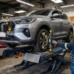 Wheel Alignment vs Wheel Balancing: What's the Difference? Car on a wheel alignment rack showing the difference between wheel alignment vs wheel balancing