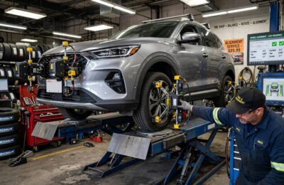 Car on a wheel alignment rack showing the difference between wheel alignment vs wheel balancing
